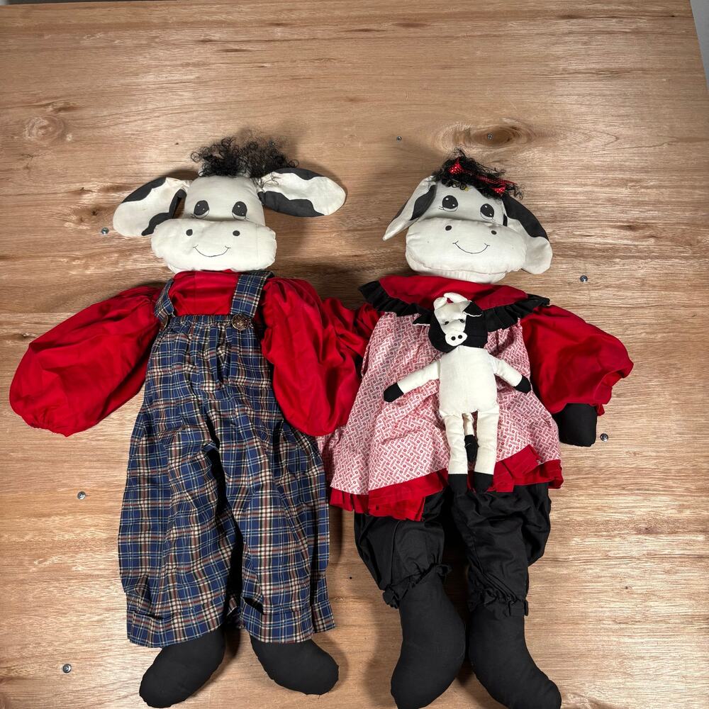 Vintage Handmade Cloth Cow Doll Set Farmhouse Decor Large 31 Inch Pair with Calf